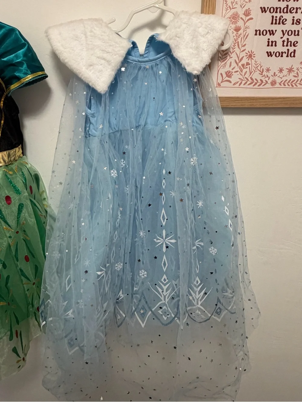 Sparkling Light Blue Princess Cape Dress with Faux Fur Collar